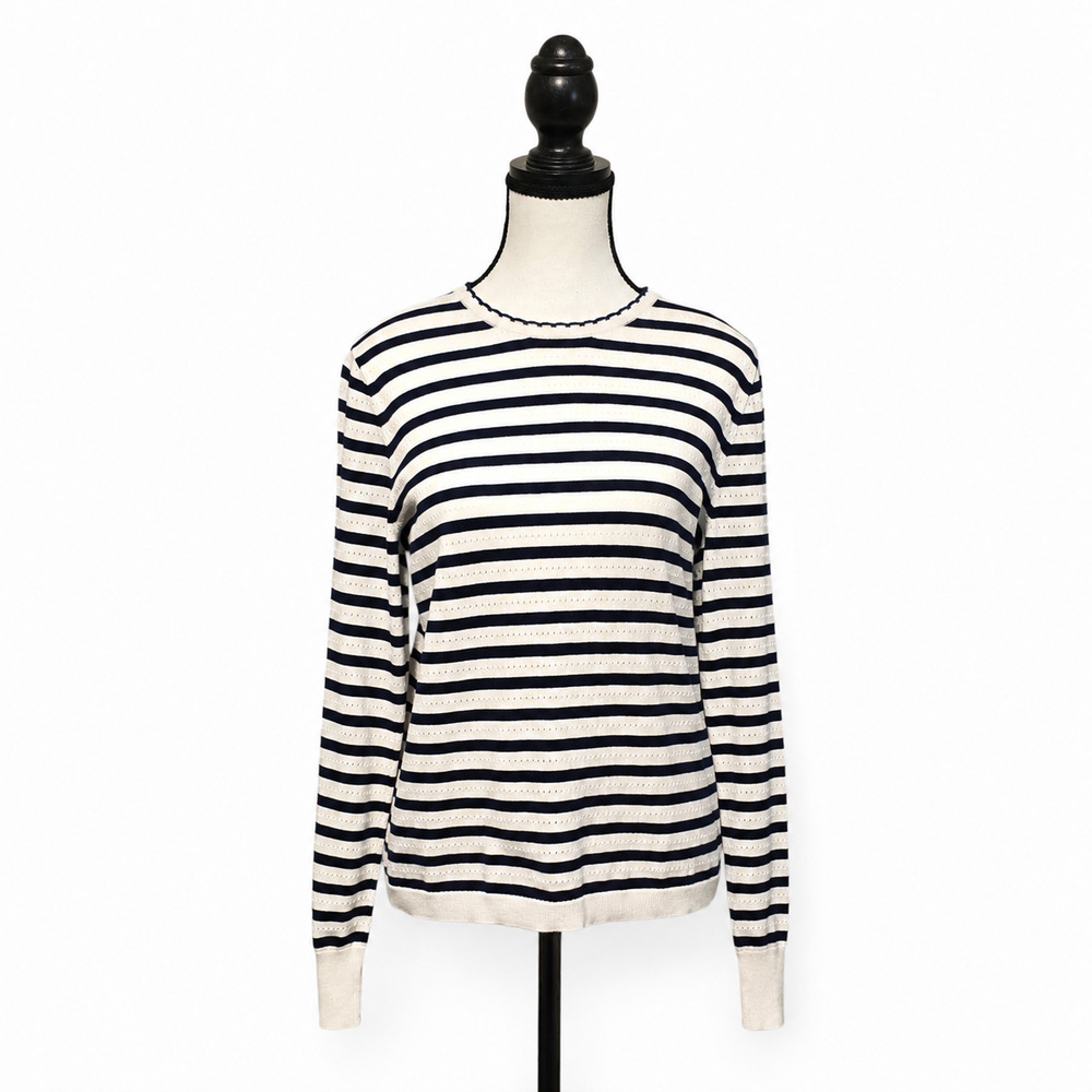 J Crew Factory Sweater Womens Med Navy Blue White Stripe Pointelle Scalloped NWT